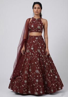 Maroon Embroidered Silk Blend Lehenga Set