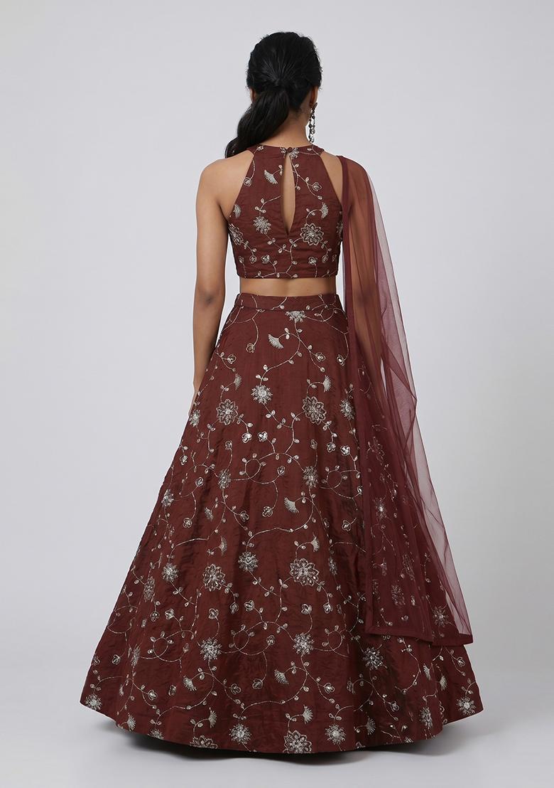 Maroon Embroidered Silk Blend Lehenga Set - Indya