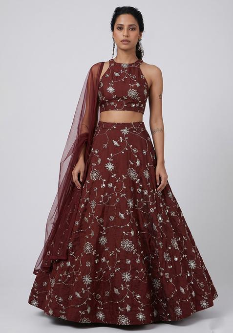 Maroon Silk Blend Mirror Work Lehenga Set