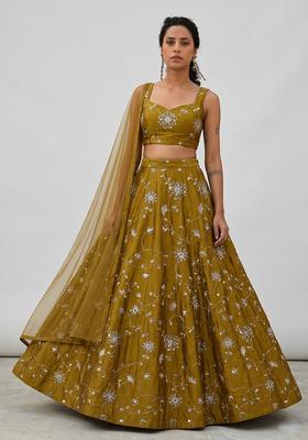 Antique Gold Silk Blend Mirror Work Lehenga Set