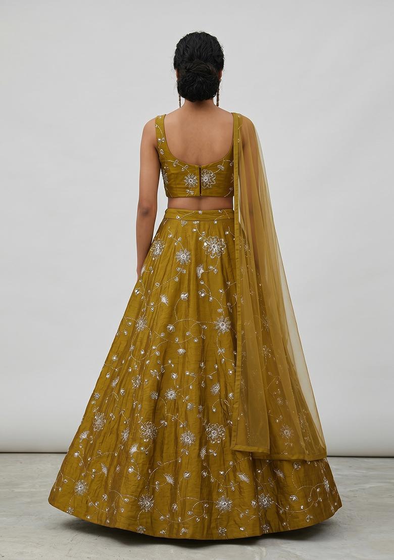 Antique Gold Silk Blend Mirror Work Lehenga Set - Indya