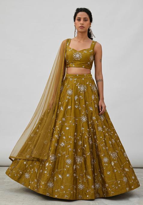 Golden Brown Silk Blend Mirror Work Lehenga Set