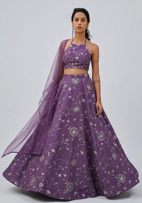 Purple Embroidered Silk Blend Lehenga Set