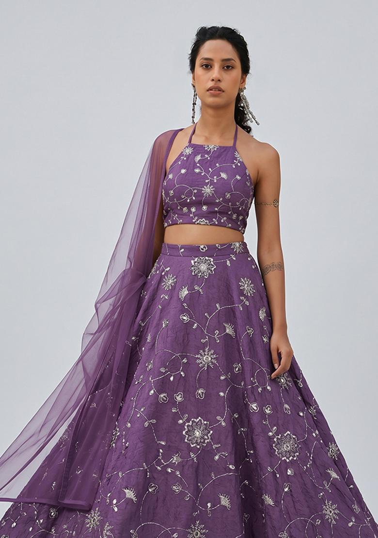 Purple Embroidered Silk Blend Lehenga Set - Indya