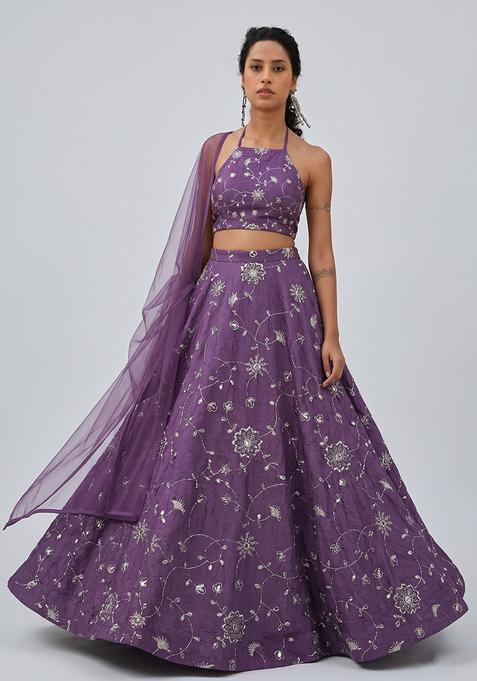 Purple Silk Blend Mirror Work Lehenga Set
