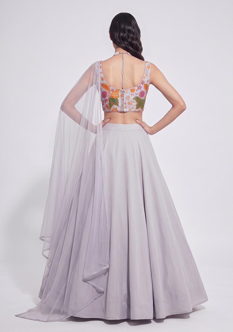 Lavender Grey Printed Organza Lehenga Set - Indya