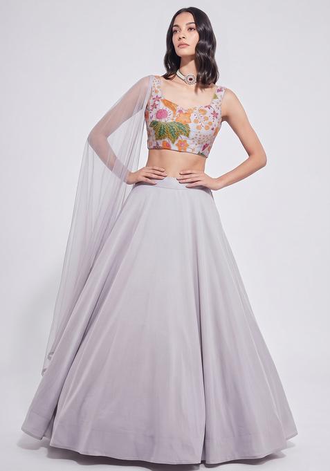 Lavender Grey Silk Blend Embroidered Lehenga Set