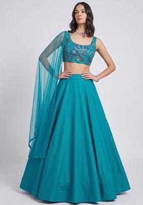 Teal Printed Organza Lehenga Set