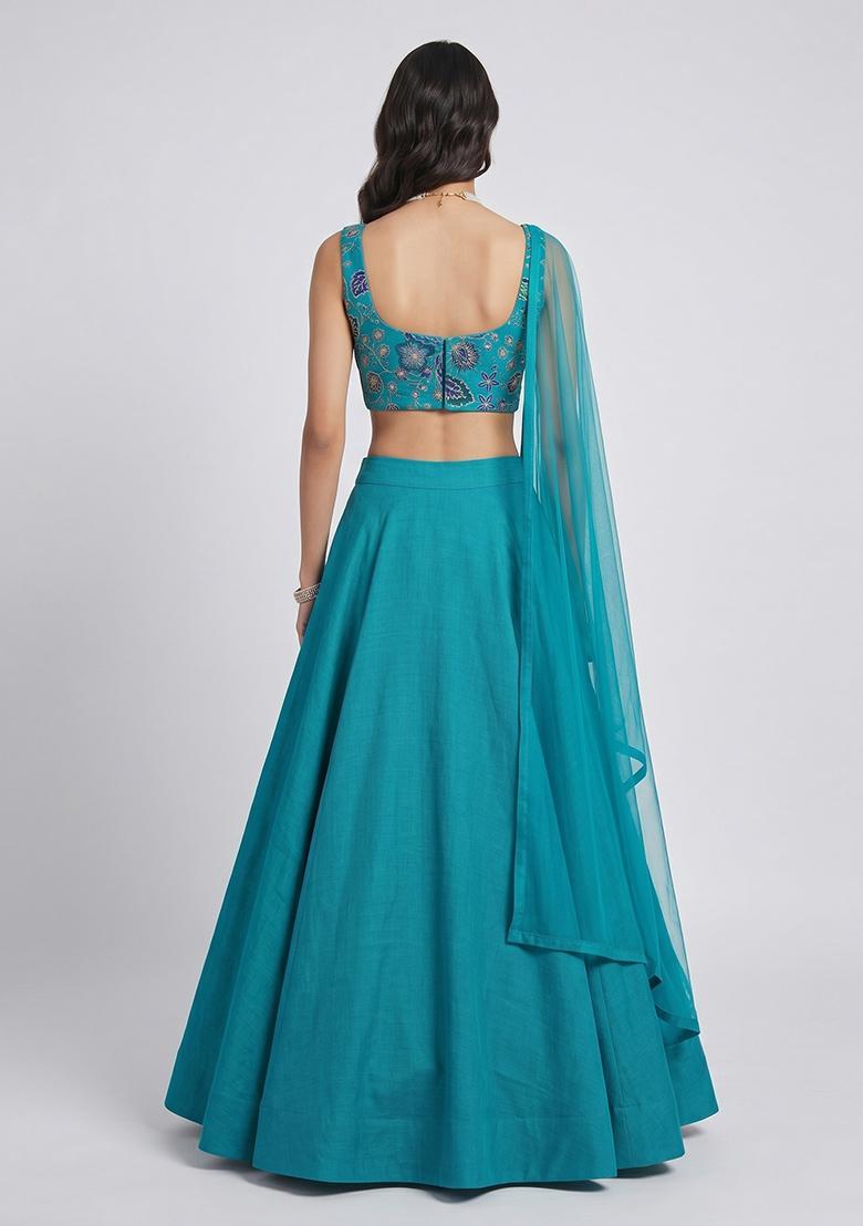 Teal Printed Organza Lehenga Set - Indya
