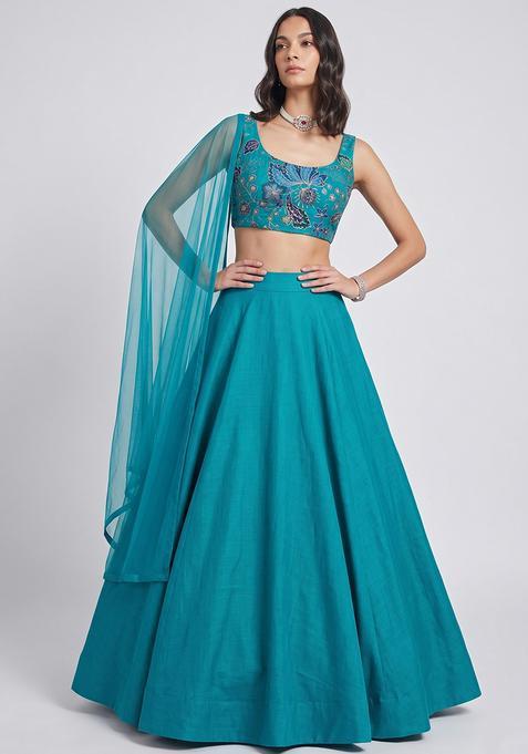 Teal Silk Blend Embroidered Lehenga Set