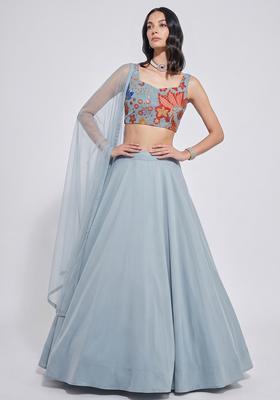 Misty Blue Silk Blend Embroidered Lehenga Set