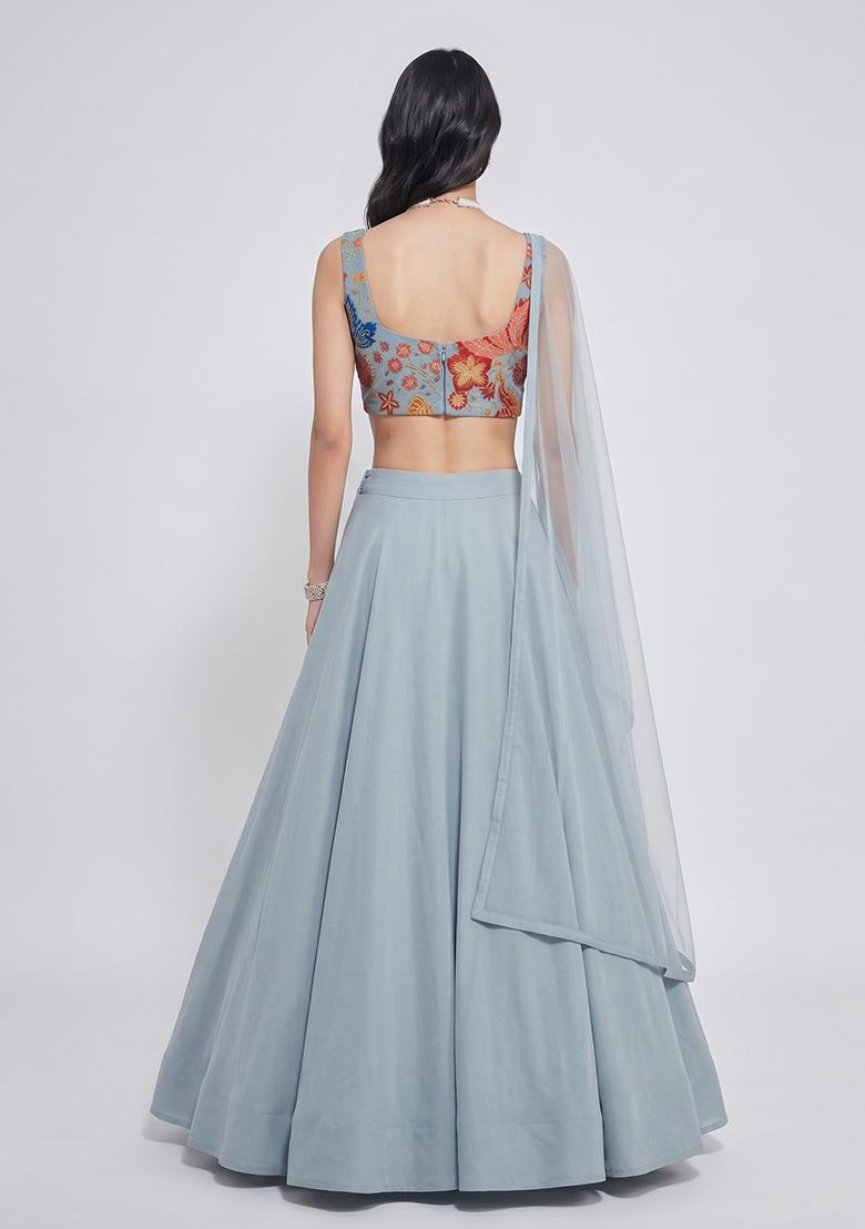 Misty Blue Silk Blend Embroidered Lehenga Set - Indya