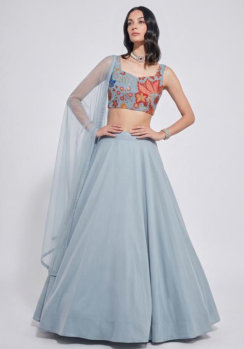 Sky Blue Silk Blend Embroidered Lehenga Set
