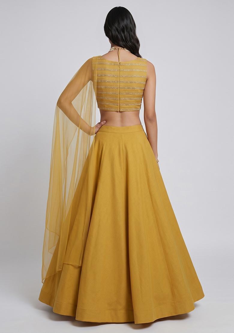 Mustard Sequin Silk Blend Lehenga Set - Indya