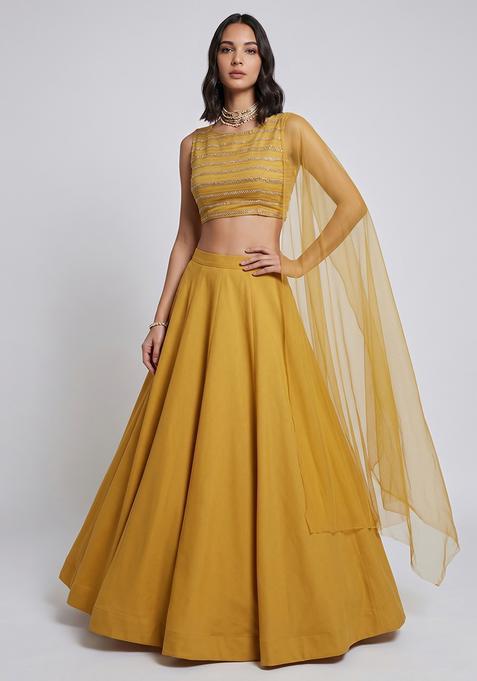 Mustard Silk Blend Sequin Work Lehenga Set
