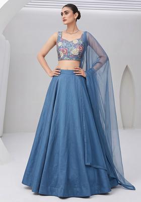 Dusty Blue Printed Silk Blend Lehenga Set