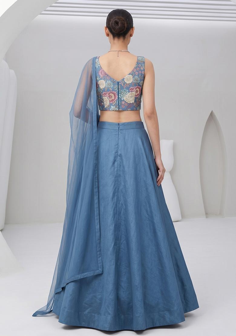 Dusty Blue Printed Silk Blend Lehenga Set - Indya