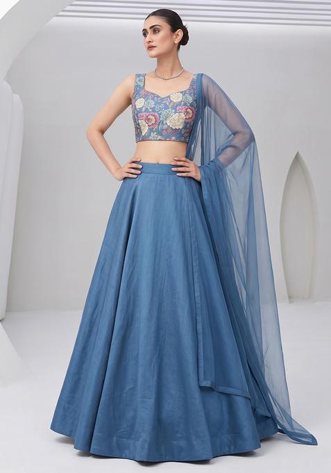 Dusty Blue Silk Blend Embroidered Lehenga Set
