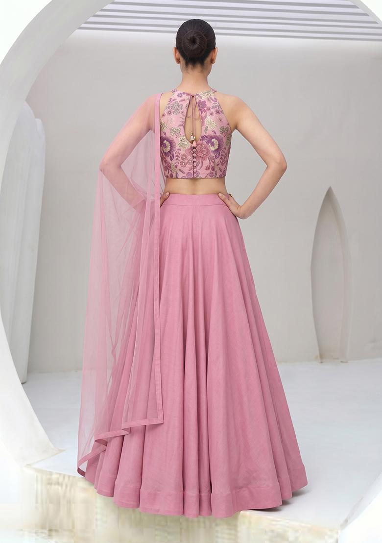 Dusty Pink Silk Blend Embroidered Lehenga Set - Indya