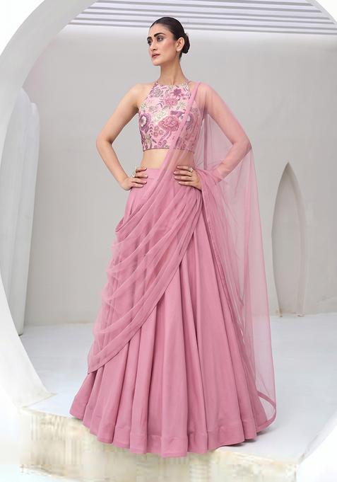 Onion Pink Silk Blend Embroidered Lehenga Set