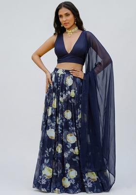 Navy Blue Solid Georgette Lehenga Set