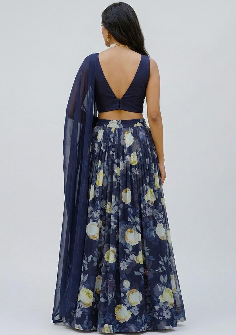 Navy Blue Solid Georgette Lehenga Set - Indya