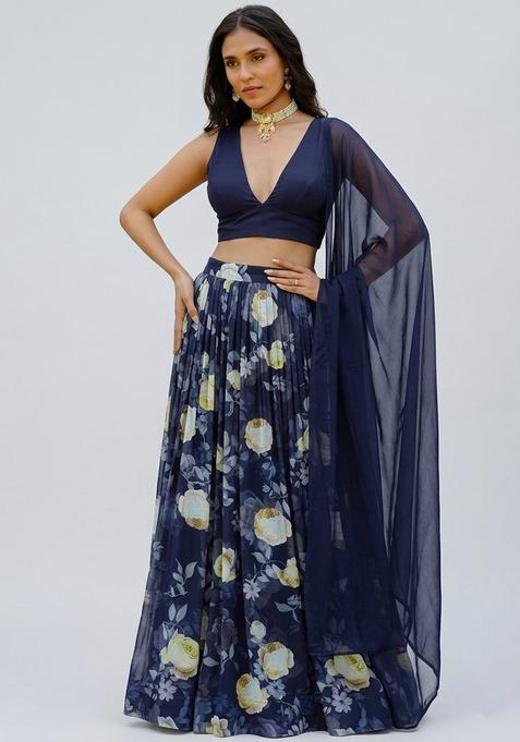 Navy Blue Solid Georgette Lehenga Set