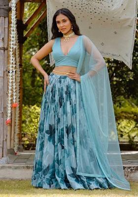 Sky Blue Printed Georgette Lehenga Set