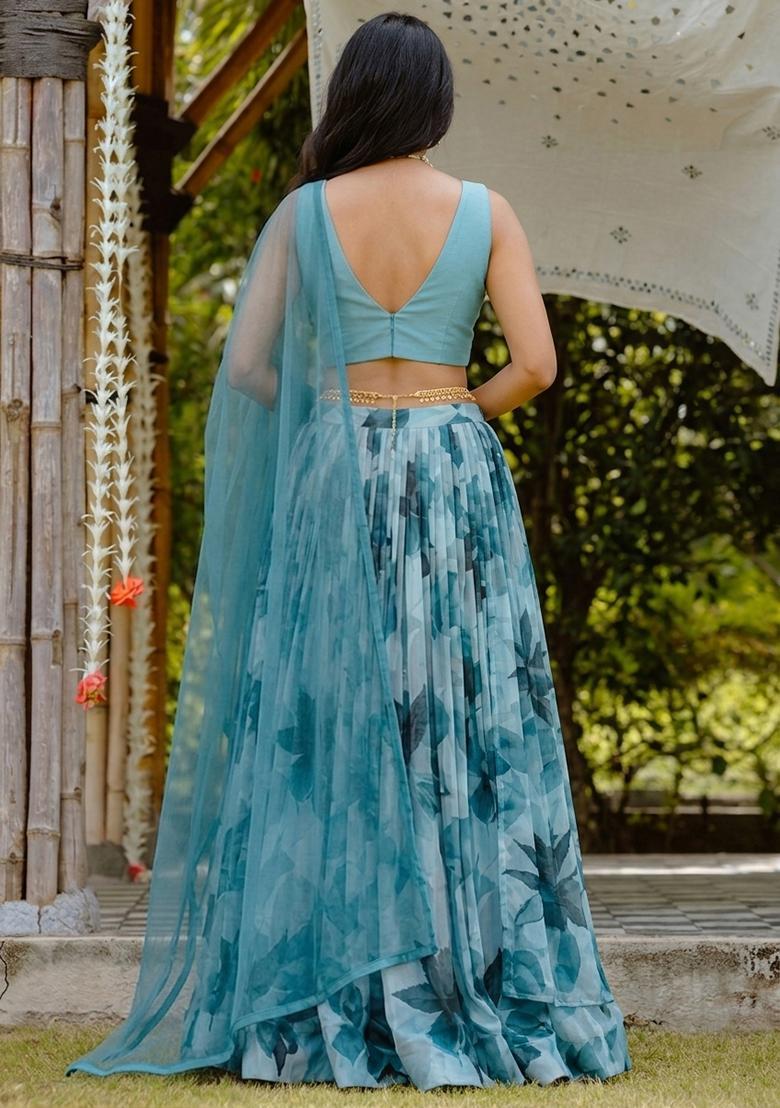 Sky Blue Printed Georgette Lehenga Set - Indya