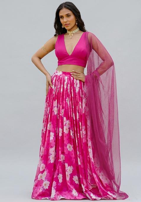 Rani Pink Printed Georgette Lehenga Set