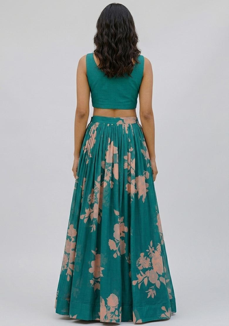 Teal Printed Georgette Lehenga Set - Indya