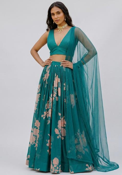 Teal Printed Georgette Lehenga Set