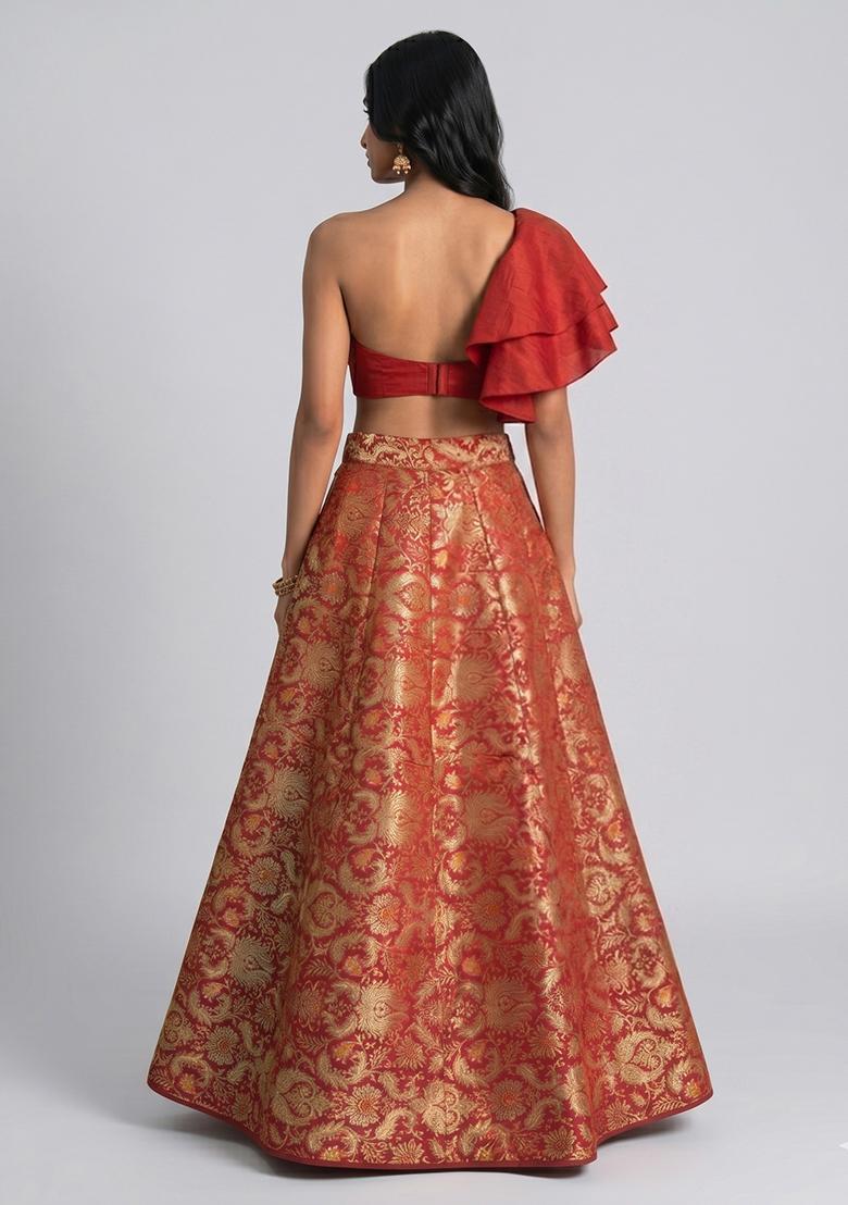 Red Brocade Jacquard Brocade Lehenga Set - Indya