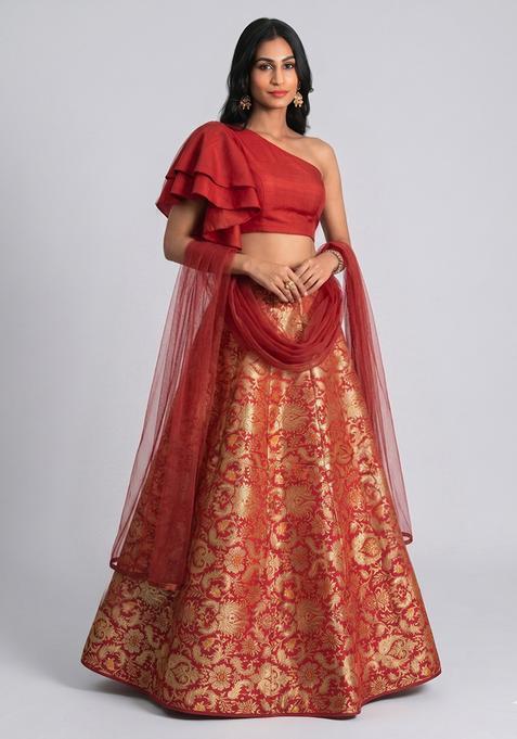 Red Silk Blend Brocade Lehenga Set