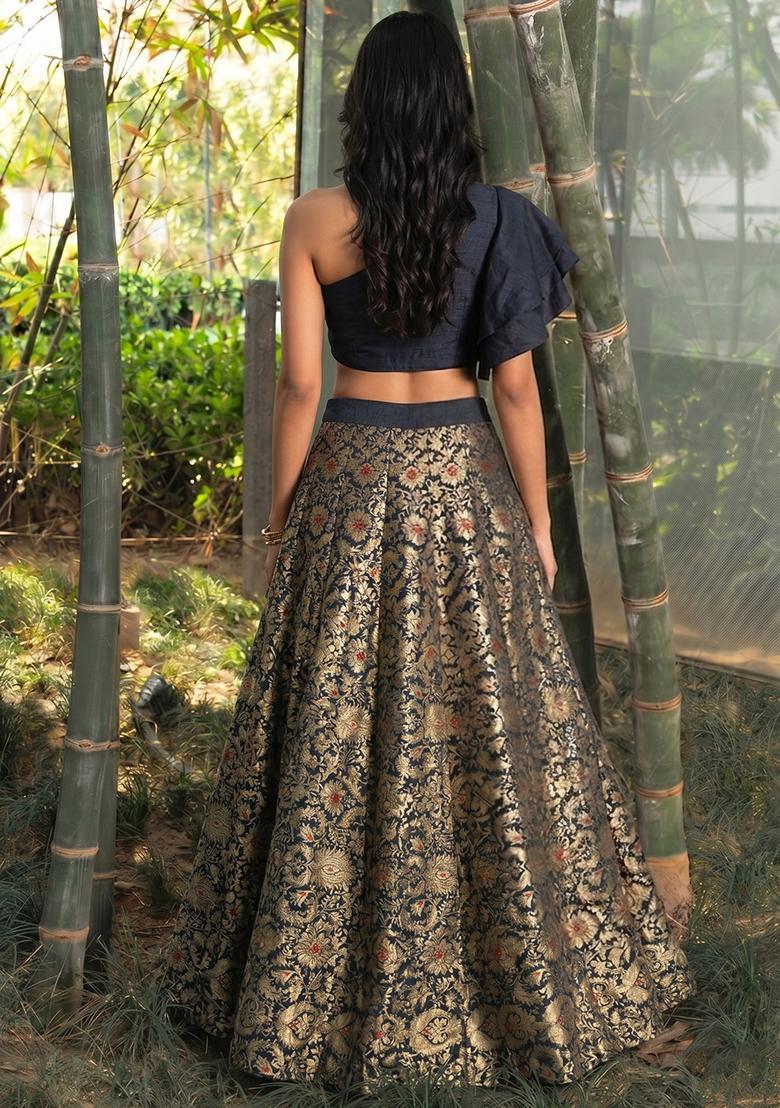 Black Silk Blend Brocade Lehenga Set - Indya