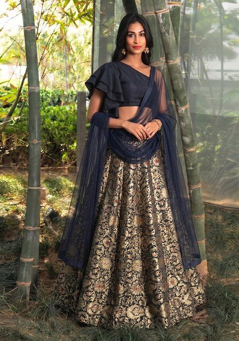 Navy Blue Silk Blend Brocade Lehenga Set