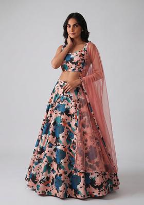 Peach Multi Printed Satin Lehenga Set
