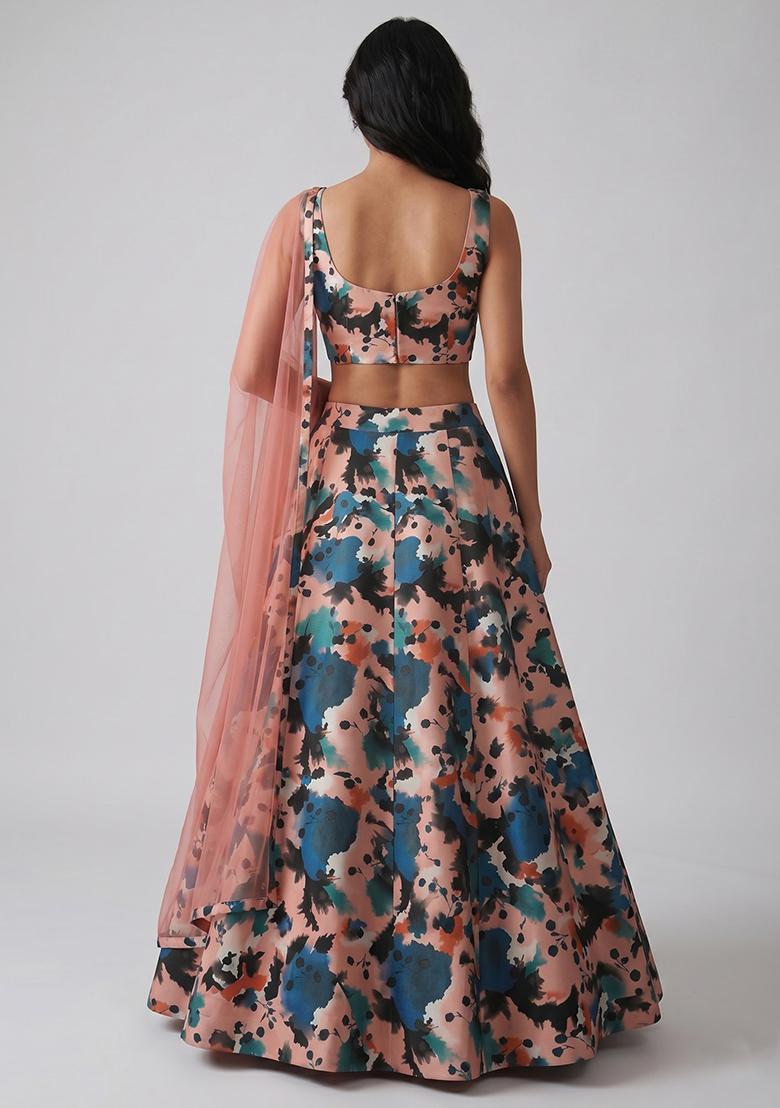 Peach Multi Printed Satin Lehenga Set - Indya