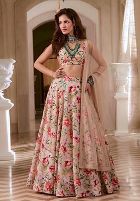 Beige Printed Rayon Lehenga Set