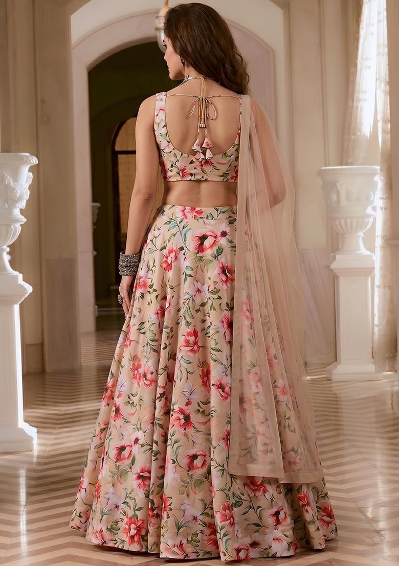 Beige Printed Rayon Lehenga Set - Indya