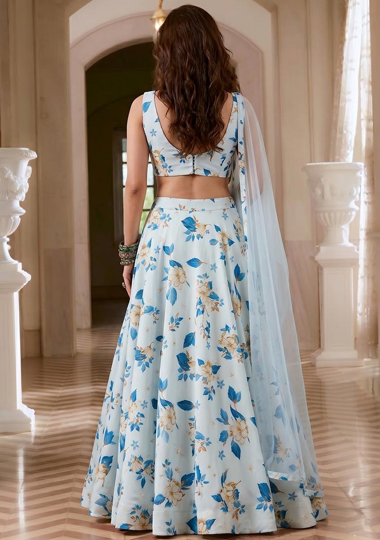 Ice Blue Silk Blend Floral Print Lehenga Set - Indya