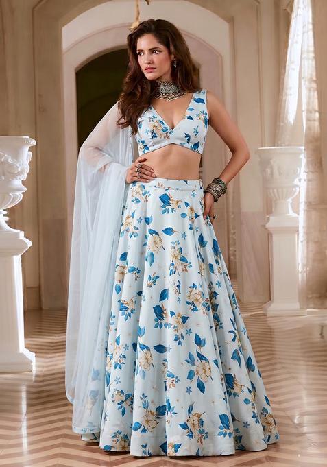 Ice Blue Silk Blend Floral Print Lehenga Set