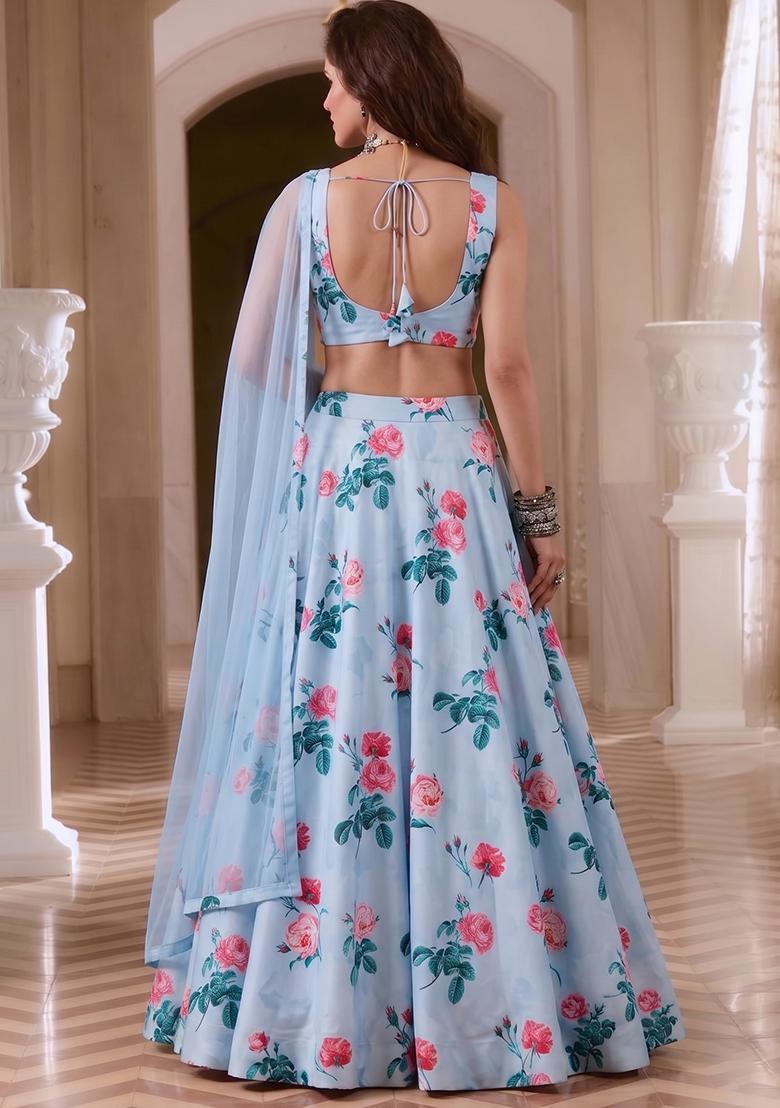 Misty Blue Silk Blend Floral Print Lehenga Set - Indya