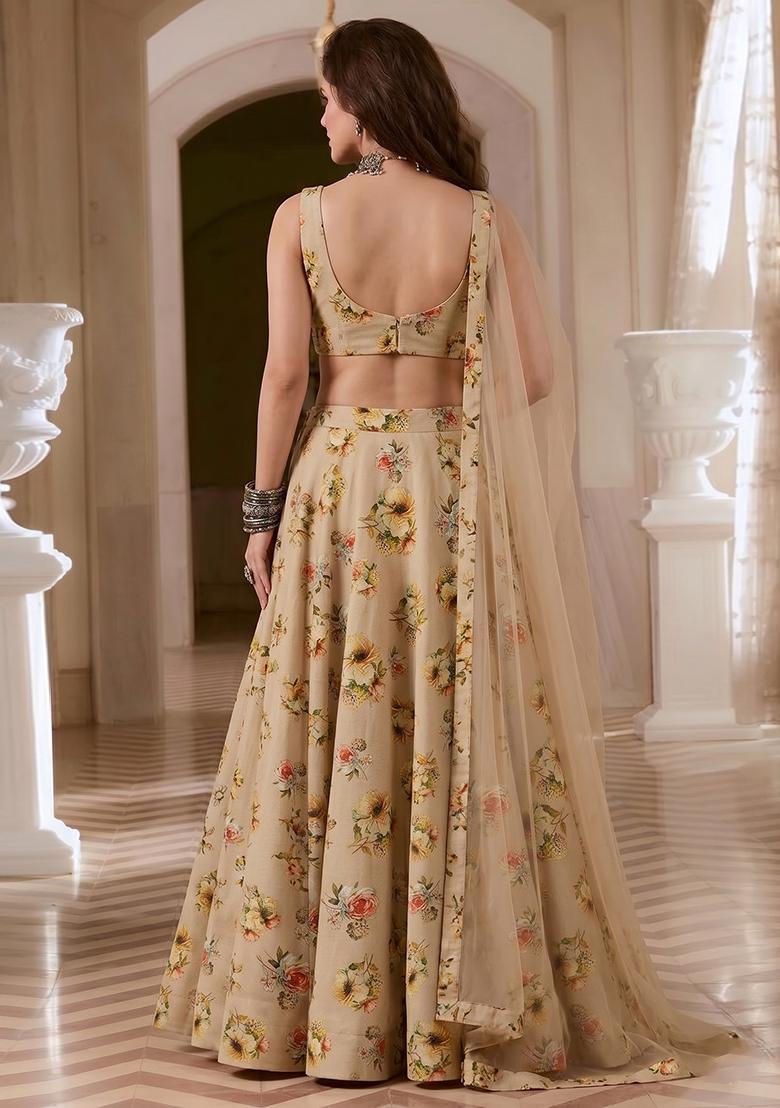 Beige Printed Rayon Lehenga Set - Indya
