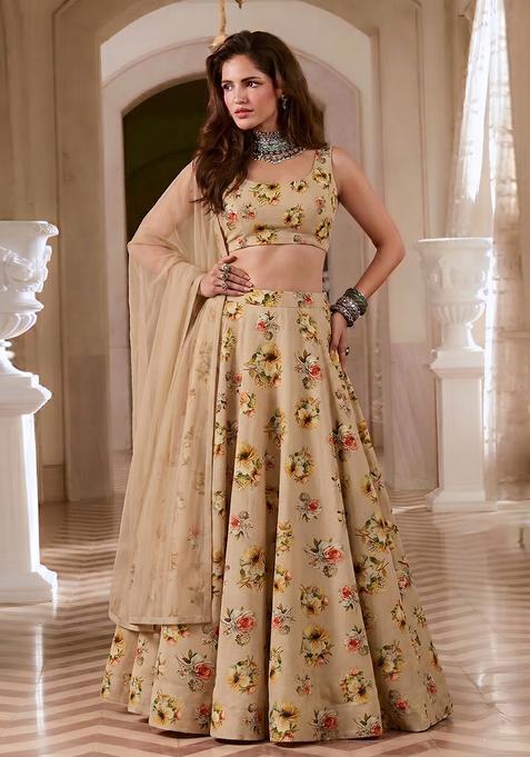 Beige Silk Blend Floral Print Lehenga Set