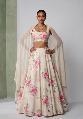 Light Beige Printed Rayon Lehenga Set