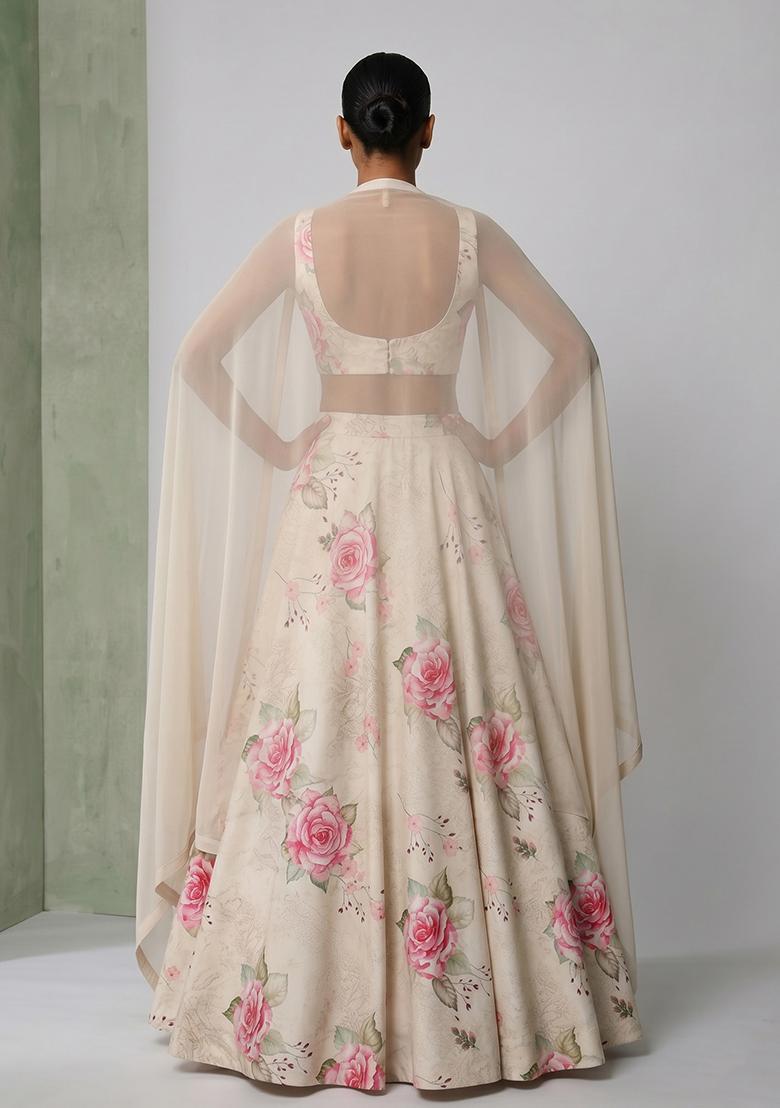 Light Beige Printed Rayon Lehenga Set - Indya