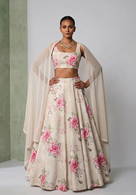 Light Beige Silk Blend Floral Print Lehenga Set