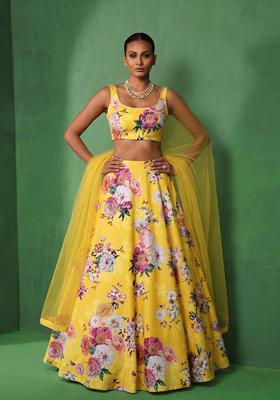 Lemon Yellow Printed Rayon Lehenga Set