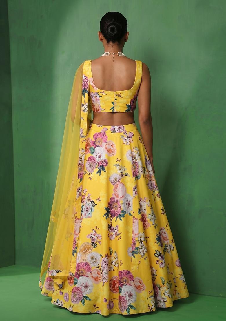 Lemon Yellow Printed Rayon Lehenga Set - Indya